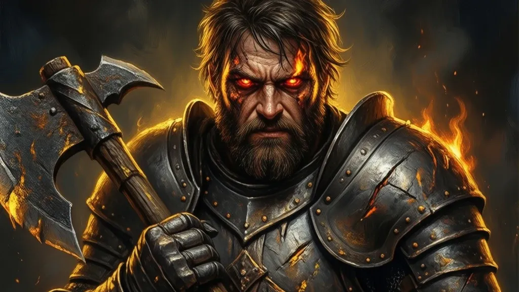 Brakka, a bearded warrior with glowing eyes in battered plate armor, gripping a heavy axe.
